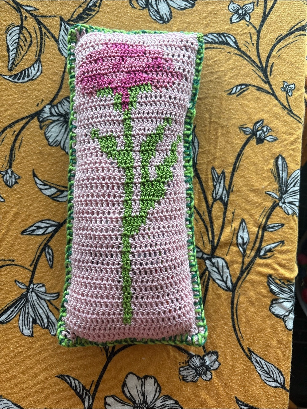 Handmade Crocheted Pink Flower Pillow with Green Stem
